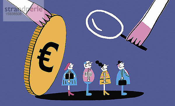 Lupe  die Menschen unter einer Euro-Münze untersucht