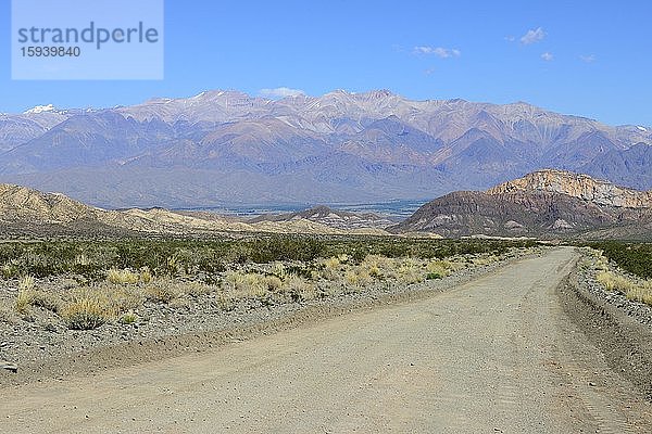 Schotterstraße durch den Park  hinten Andenkette mit Aconcagua  bei Uspallata  Provinz Mendoza  Argentinien  Südamerika