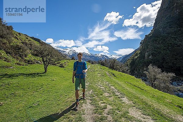 Wanderer auf Wanderweg zum Rob Roy Glacier  Mount Aspiring National Park  Otago  Südinsel  Neuseeland  Ozeanien