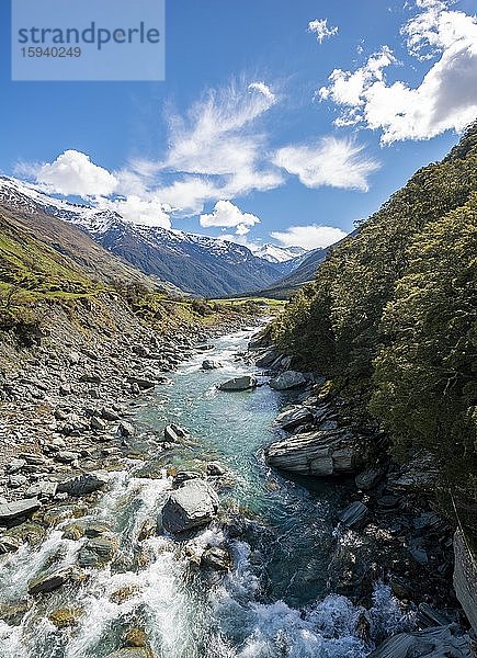 Rob Roy Stream und schneebedeckte Berge  Mount Aspiring National Park  Otago  Südinsel  Neuseeland  Ozeanien