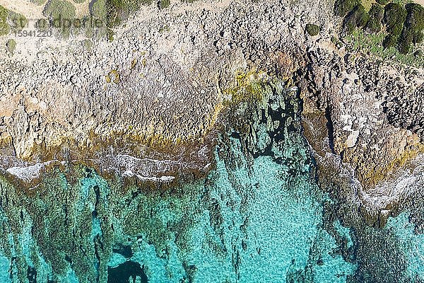 Felsküste von oben  nahe Cap de ses Salines  Region Migjorn  Mittelmeer  Luftbild  Mallorca  Balearen  Spanien  Europa