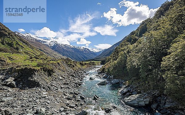 Rob Roy Stream und schneebedeckte Berge  Mount Aspiring National Park  Otago  Südinsel  Neuseeland  Ozeanien