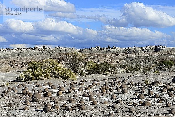 Steinkugeln auf der Cancha de Bochas  Bocciabahn  Naturreservat Ischigualasto  Provinz San Juan  Argentinien  Südamerika