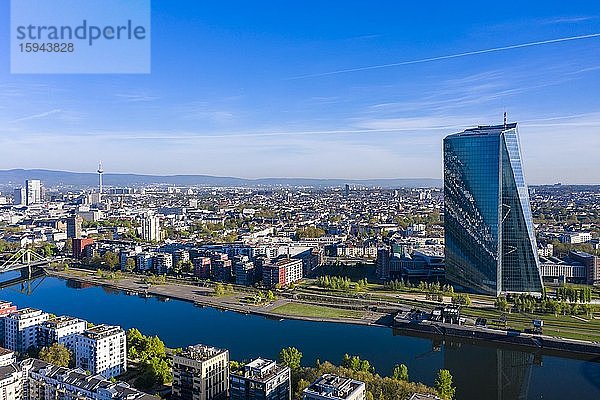 Luftbild  Frankfurt  Skyline  mit Wolkenkratzern  EZB  Fluss  Frankfurt am Main  Hessen  Deutschland  Europa