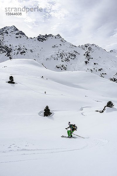 Skitourengeher bei der Abfahrt im Tiefschnee  Wattentaler Lizum  Tuxer Alpen  Tirol  Österreich  Europa