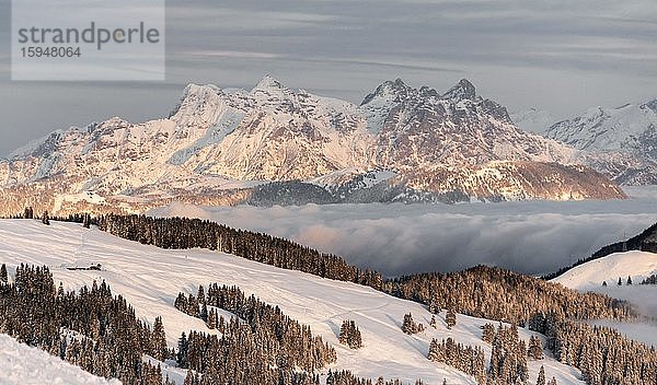 Blick auf schneebedeckte Berggipfel  Loferer Steinberge im Abendlicht  Hochbrixen  Brixen im Thale  Tirol  Österreich  Europa