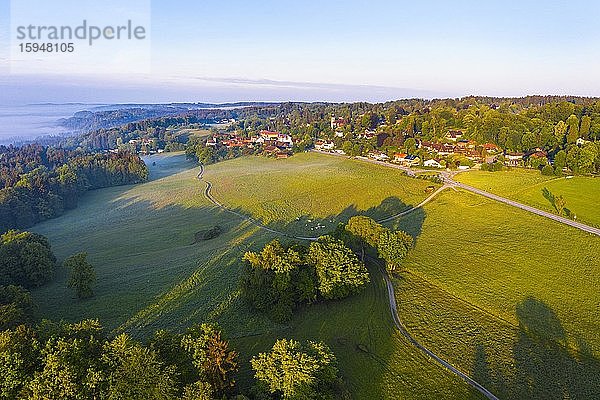 Wiesenlandschaft im Morgenlicht  Ortschaft Icking  Tölzer Land  Drohnenaufnahme  Oberbayern  Bayern  Deutschland  Europa