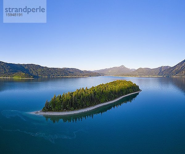 Insel Sassau  Walchensee  bei Kochel am See  Drohnenaufnahme  Oberbayern  Bayern  Deutschland  Europa
