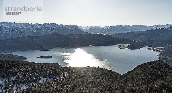 Panorama  Blick vom Jochberg auf den Walchensee im Winter mit Schnee  Alpen  Oberbayern  Bayern  Deutschland  Europa