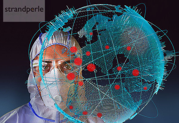 Porträt eines Wissenschaftlers mit Grippemaske hinter einer globalen Coronavirus-Pandemie