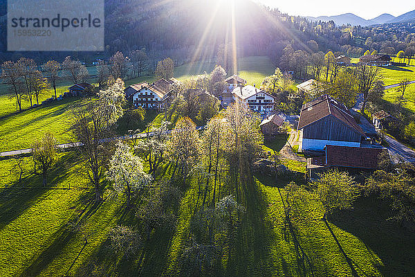 Deutschland  Bayern  Gaissach  Drohnenansicht des Sonnenlichts  das ländliche Bauernhäuser beleuchtet