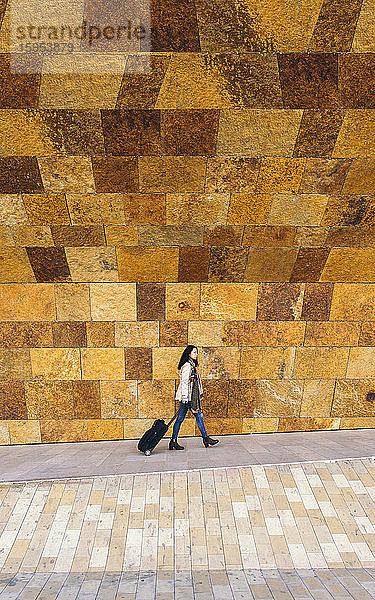 Junge Geschäftsfrau mit Rollkoffer vor einer Steinmauer