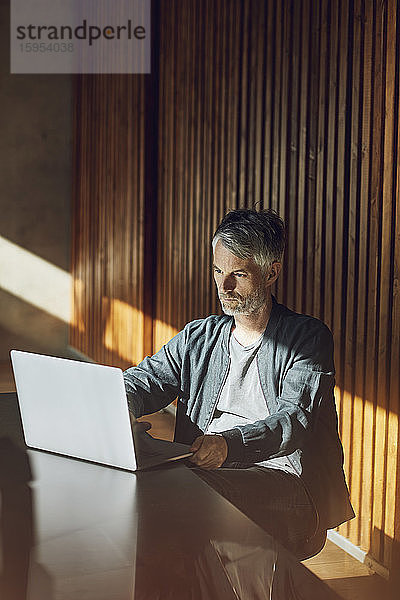 Lässiger Geschäftsmann  der in seinem nachhaltigen Büro sitzt und einen Laptop benutzt