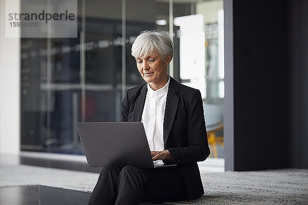Porträt einer leitenden Geschäftsfrau  die am Laptop arbeitet