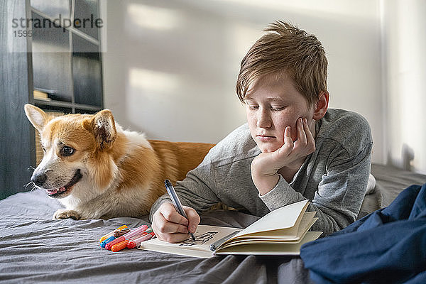 Porträt eines zeichnenden Jungen  der mit seinem Hund auf dem Bett liegt