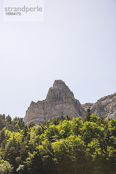 Spanien  Provinz Huesca  Klarer Himmel über grünem Wald am Fuße eines hohen Berges