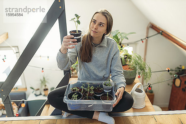 Junge Frau sitzt auf dem Dachboden und untersucht Pflanze