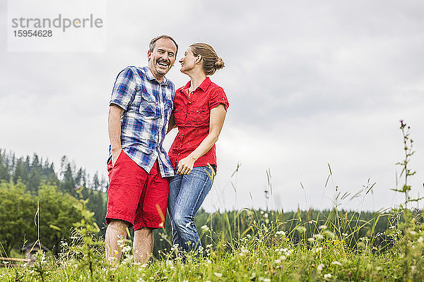 Glückliches Paar steht auf einer Bergwiese  Achenkirch  Österreich