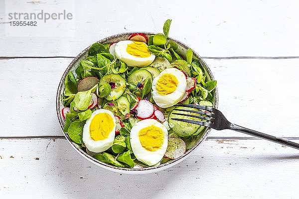 Schale mit vegetarischem Salat mit gekochten Eiern  Radieschen  Gurken  Feldsalat und essbaren Blumen