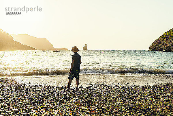 Rückenansicht eines Mannes  der bei Sonnenuntergang am Strand steht und aufs Meer schaut  Cala Benirras  Ibiza  Spanien