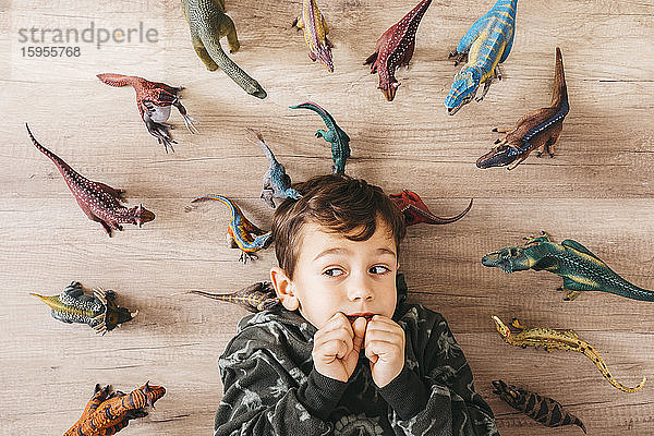 Porträt eines ängstlichen kleinen Jungen  der zwischen Spielzeug-Dinosauriern auf dem Boden liegt
