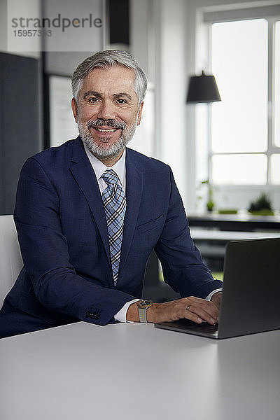 Porträt eines lächelnden reifen Geschäftsmannes  der im Büro einen Laptop benutzt