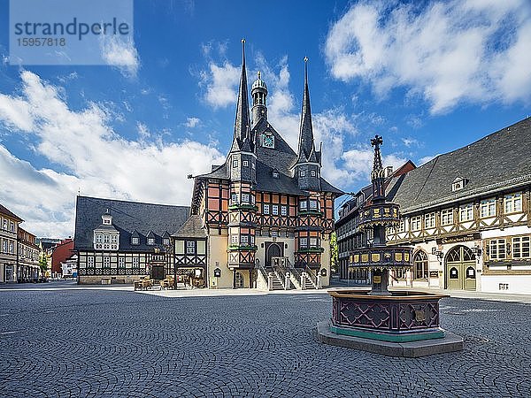 Marktplatz  Marktbrunnen und historisches Rathaus  Wernigerode  Harz  Sachsen-Anhalt  Deutschland  Europa