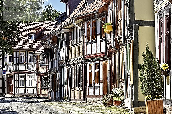 Gasse mit Fachwerkhäusern und Kopfsteinpflaster  Wernigerode  Harz  Sachsen-Anhalt  Deutschland  Europa