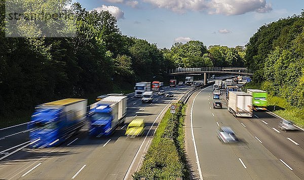 Viele LKW fahren auf der Autobahn A2  Bottrop  Ruhrgebiet  Nordrhein-Westfalen  Deutschland  Europa