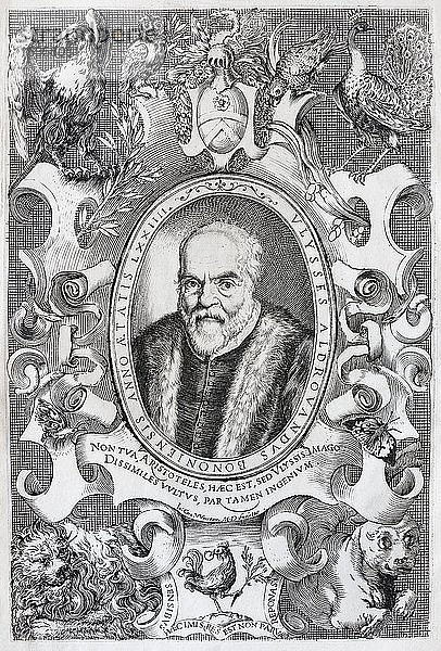 Portrait von Ulysses Aldrovandi (1522-1603)  italienischer Arzt und Biologe  Kupferstich von Augustino Carraci (1557-1605)  aus: Ornithologiae hoc est de avibus Historiae Libri XII  Bologna  1599