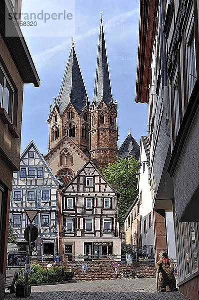 Romanische Marienkirche  Fachwerkhäuser am Untermarkt  Gelnhausen  Main-Kinzig-Kreis  Hessen  Deutschland  Europa