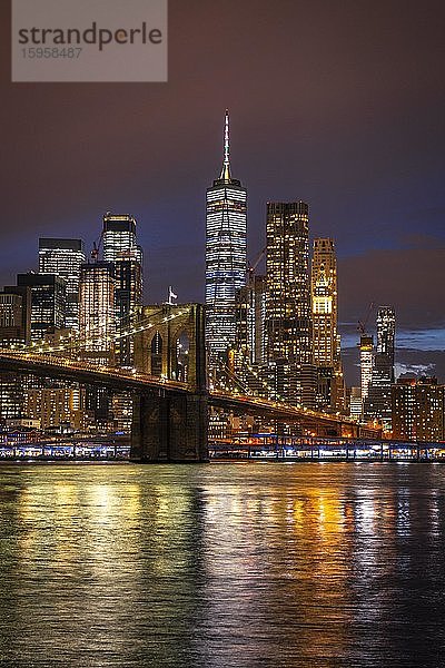 Blick vom Main Street Park bei Nacht über den East River auf die Skyline von Lower Manhattan  Brooklyn Bridge  Dumbo  Downtown Brooklyn  Brooklyn  New York  USA  Nordamerika