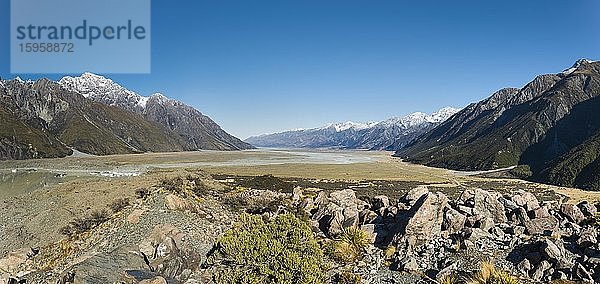 Blick über das Hooker Valley  Aoraki  Mt Cook National Park  Twizel  Canterbury  Neuseeland  Ozeanien