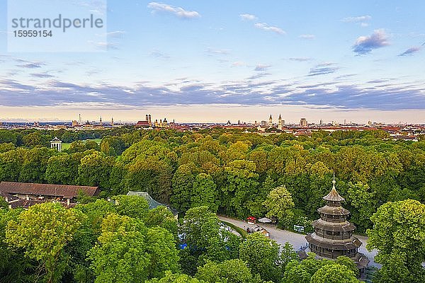Chinesischer Turm  Englischer Garten  Blick über die Altstadt und Maxvorstadt im Morgenlicht  München  Luftbild  Oberbayern  Bayern  Deutschland  Europa