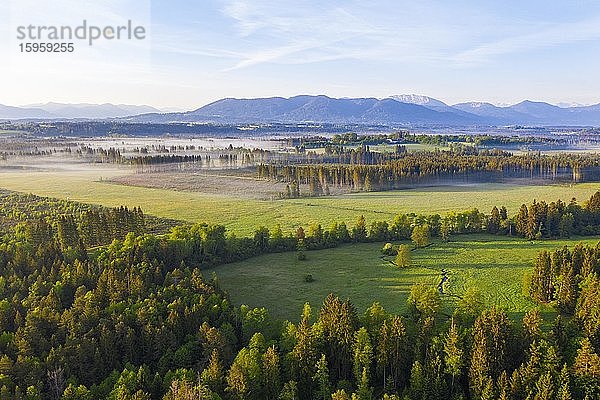 Kulturlandschaft mit Königsdorfer Moor  Tölzer Land  Drohnenaufnahme  Alpenvorland  Oberbayern  Bayern  Deutschland  Europa