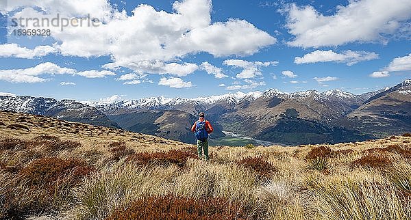 Wanderer auf dem Berggipfel des Mount Alfred  Ausblick auf Bergpanorama  Glenorchy bei Queenstown  Südliche Alpen  Otago  Südinsel  Neuseeland  Ozeanien
