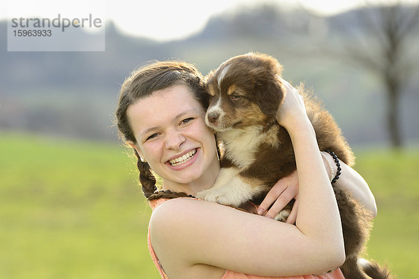 Junge Frau mit Australian Sheperd Welpen  Bayern  Deutschland  Europa