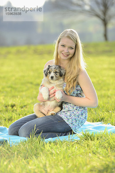 Junge Frau mit Australian Sheperd Welpen  Bayern  Deutschland  Europa