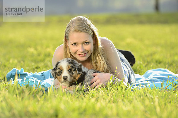 Junge Frau mit Australian Sheperd Welpen  Bayern  Deutschland  Europa