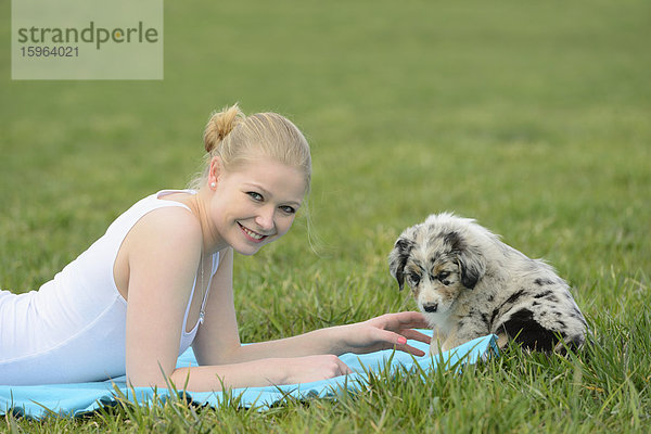 Junge Frau mit Australian Sheperd Welpen  Bayern  Deutschland  Europa