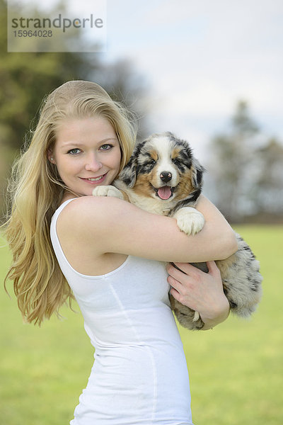 Junge Frau mit Australian Sheperd Welpen  Bayern  Deutschland  Europa