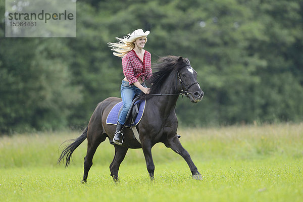 Junge Frau steht reitet auf einem Pferd auf einer Wiese