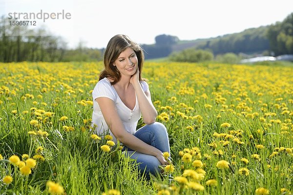 Junge Frau in einer Blumenwiese  Bayern  Deutschland  Europa