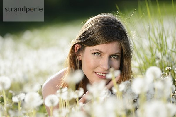 Junge Frau in einer Blumenwiese  Bayern  Deutschland  Europa