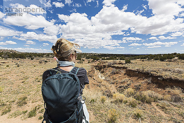 Rückansicht einer erwachsenen Frau mit Blick auf das Galisteo-Becken  NM.