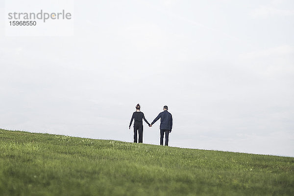 Rückansicht eines auf Grasland gegen den Himmel stehenden  Händchen haltenden Paares