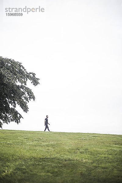 Mitteldistanzansicht eines jungen Mannes  der auf einem Grasfeld gegen den Himmel läuft