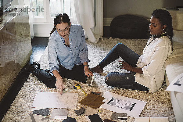 Hochwinkelansicht von Designerinnen  die über Stoffmuster diskutieren  während sie im Heimbüro auf dem Teppich sitzen