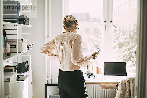 Rückansicht einer Frau im Büro zu Hause beim Telefonieren