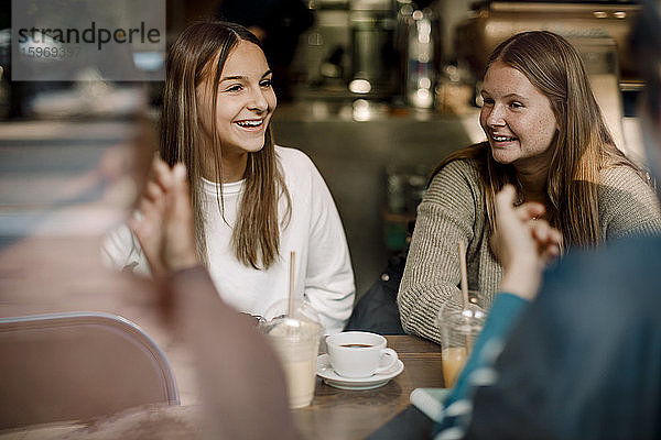 Lächelnde Teenager-Mädchen unterhalten sich mit Freunden  während sie im Café sitzen